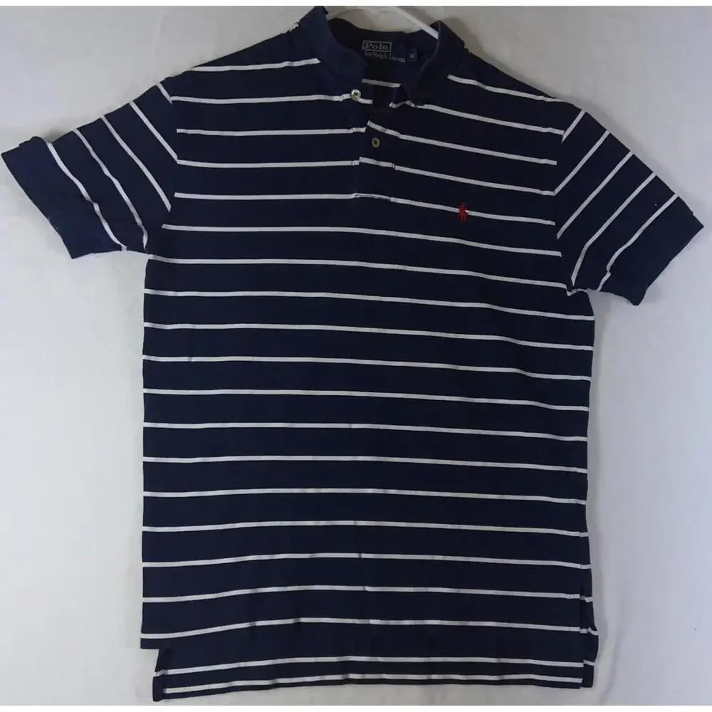 Ralph Lauren Polo Shirt Medium White Navy Blue Striped Golf Casual Top Mesh Pony